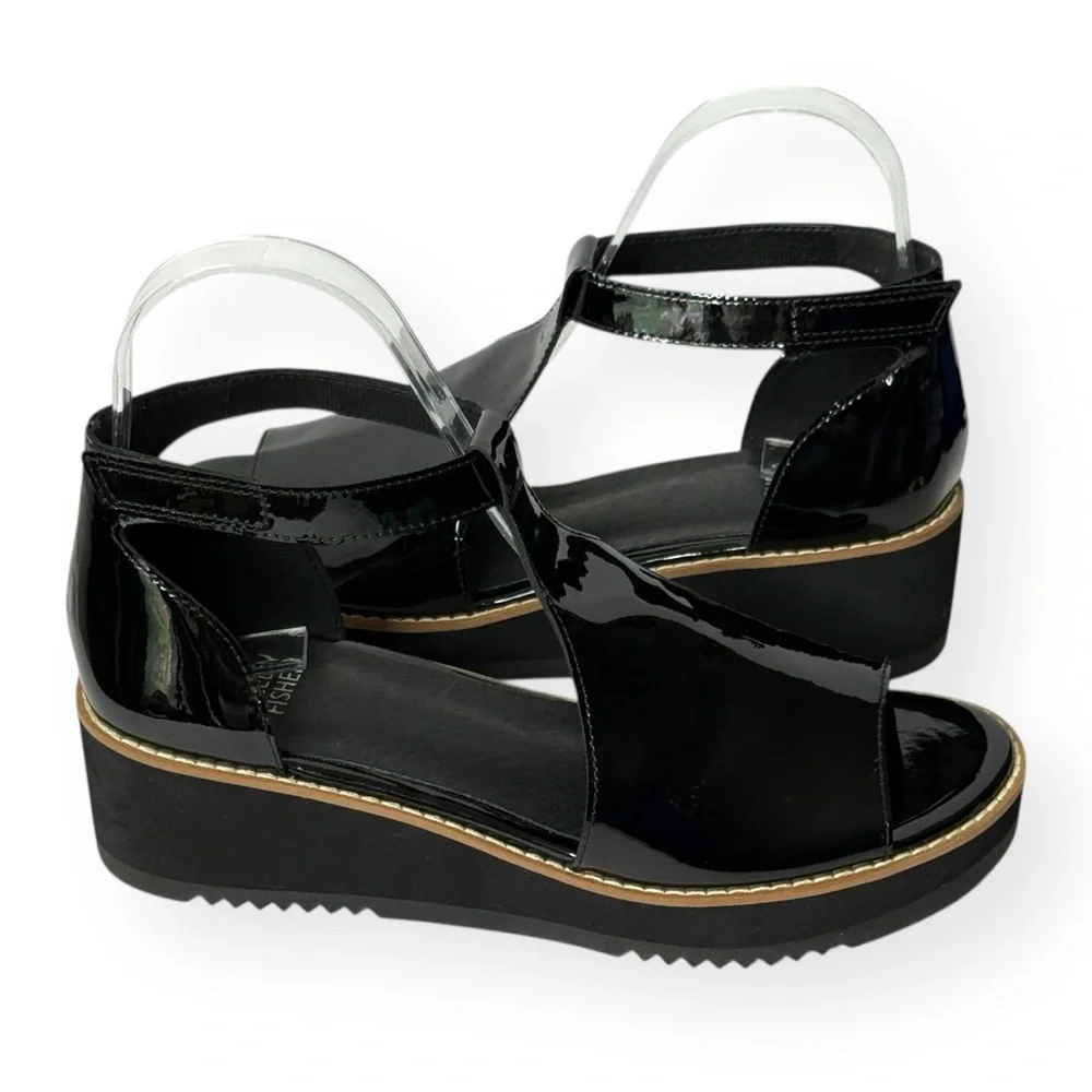 EILEEN FISHER Data Black Patent Ankle‎ Strap Wedge Sandals Size 7